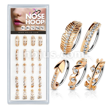 20 Pcs Pre Loaded Mixed Styles RoseGold IP 316L Surgical Steel Nose Hoop Rings Pack (5 Styles x 4 Pcs)