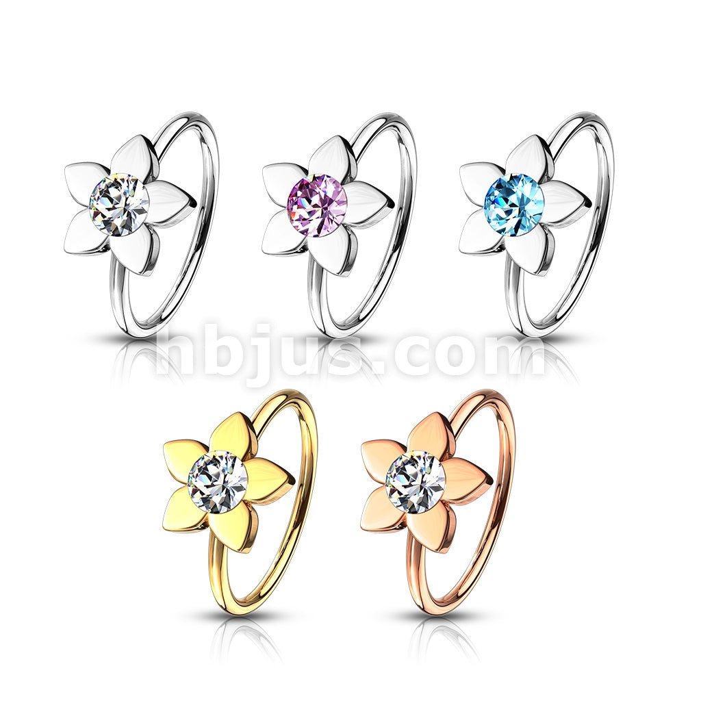 20 Pcs Pre Loaded Box of Gem Centered Flower Top 20ga 316L Surgical Steel Nose Hoop Rings Pack (5 Colors x 4 Pcs) - Image 2