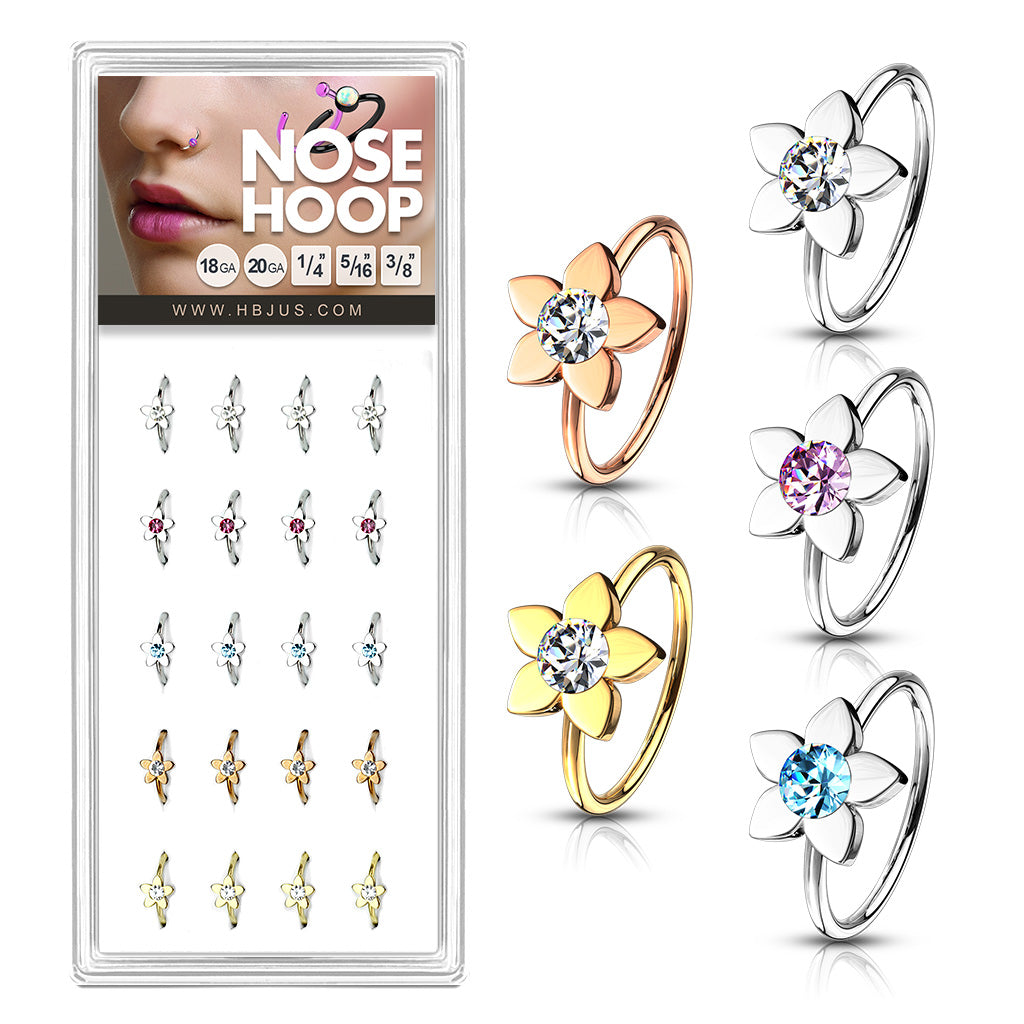 Gem Centered Flower Top 20ga 316L Surgical Steel Nose Hoop Rings Pack ( x)