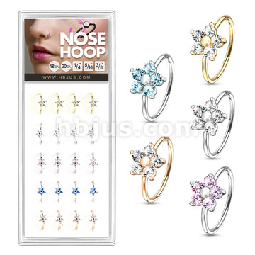 20 Pcs Pre Loaded CZ Flower Nose Hoop Rings Pack (5 Colors X 4 Pcs)