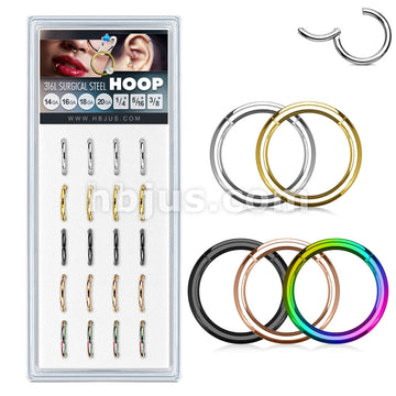20 Pcs Pre Loaded IP Over 316L Surgical Steel Hinged Seamless Hoop Rings