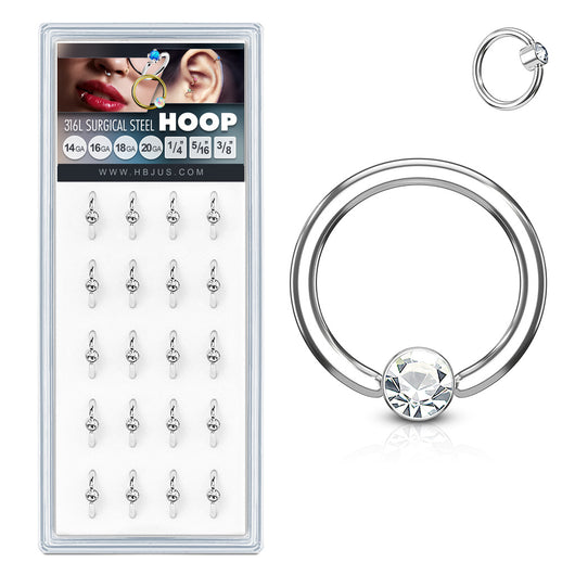 316L Surgical Steel Hoop Rings with Flat Set Gem