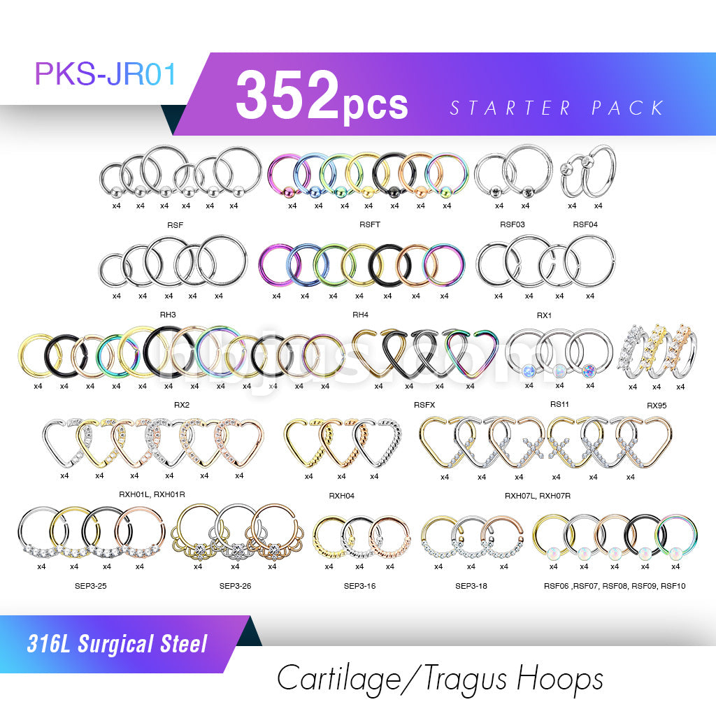 Starter Pack 352 Pcs 316L Surgical Steel  Hoops Pre Assorted Best Sellers for Cartilage, Tragus, Nose Septum and More - Image 2