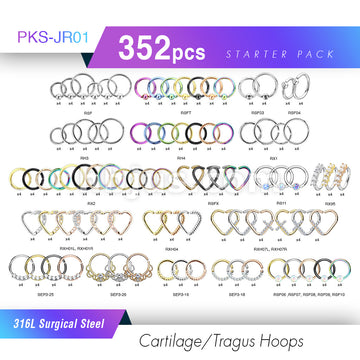 Starter Pack 352 Pcs 316L Surgical Steel  Hoops Pre Assorted Best Sellers for Cartilage, Tragus, Nose Septum and More - Image 2