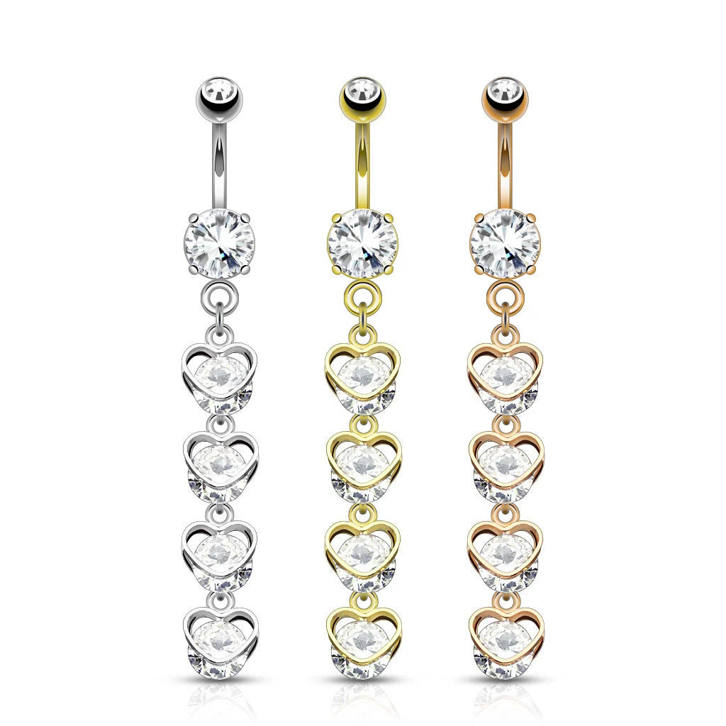 Pack Four Vertical Drop CZ Set Hearts Dangle 316L Surgical Steel Belly Button Navel Rings