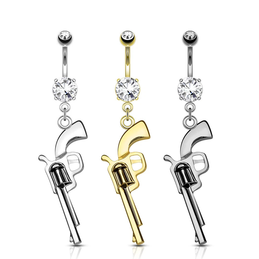 Pack Gun Dangle CZ Prong Set 316L Surgical Steel Navel Belly Rings