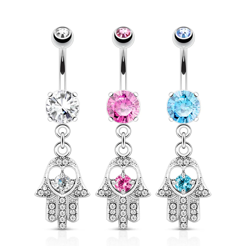 Pack Hamsa with Colored CZ and Crystal Paved Dangle Navel Rings