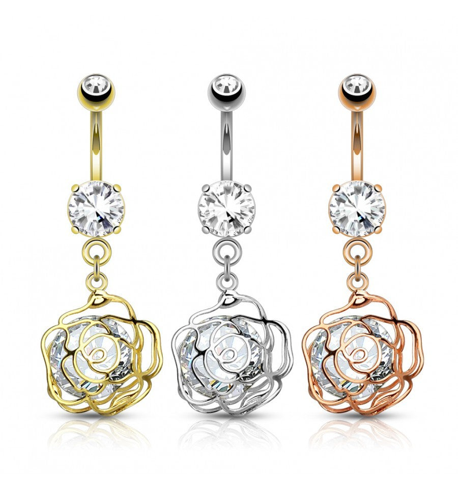 Pack Large CZ Incased Camellia Flower Dangle 316L Surgical Steel Belly Button Navel Rings