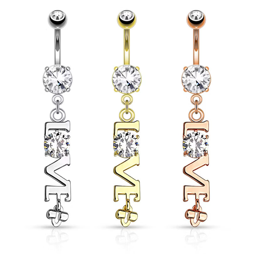 Pack, Love, Word, with, Clear, CZ, Dangle, 316L, Surgical, Steel, Navel, Belly, Ring