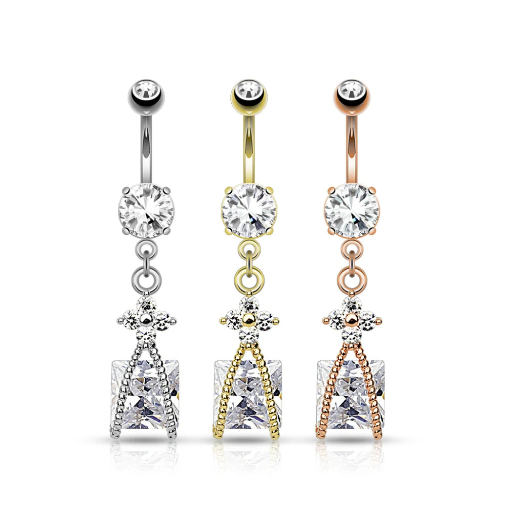 Pack Roped Square CZ and Small CZ Flower Dangle 316L Surgical Steel Navel Belly Ring
