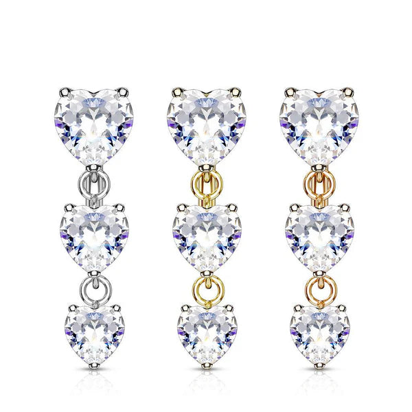 Pack Three Heart CZ Vertical Drop 316L Surgical Steel Top Drop Belly Button Navel Rings