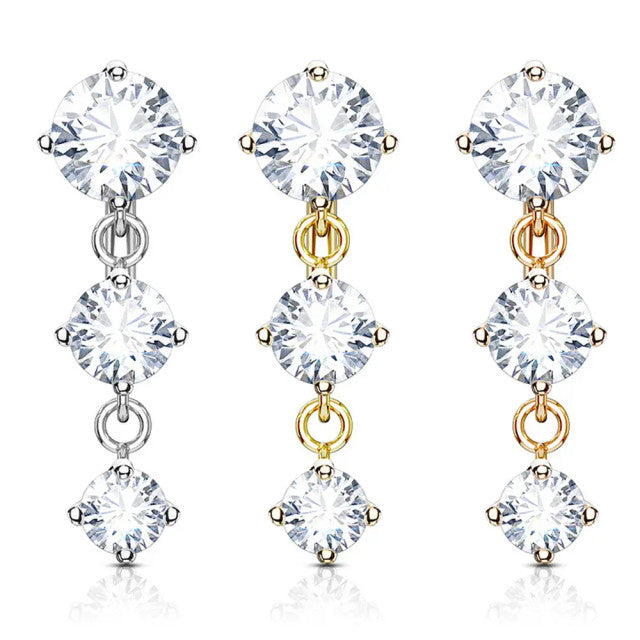 Pack Three Round CZ Vertical Drop 316L Surgical Steel Top Drop Belly Button Navel Rings