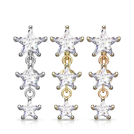 Pack Three Star CZ Vertical Drop 316L Surgical Steel Top Drop Belly Button Navel Rings