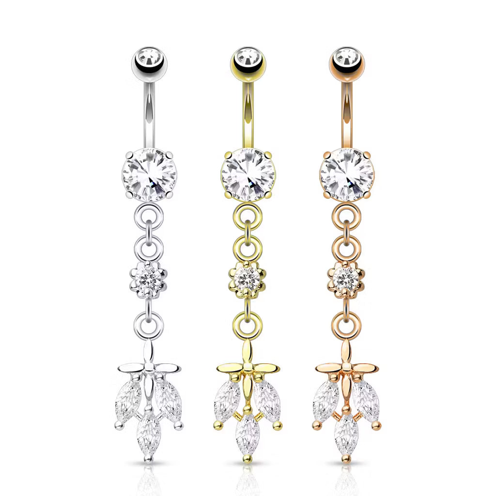 Pack Triple CZ Falling Leaf Dangle 316L Surgical Steel Navel Belly Ring