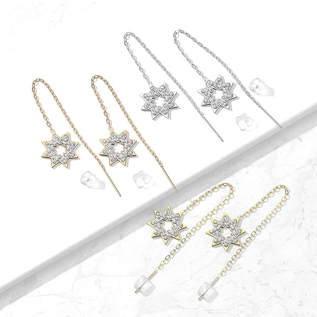 Pair of 316L Surgical Steel Free Falling Threader Earrings With Crystal Paved on a Snowflake