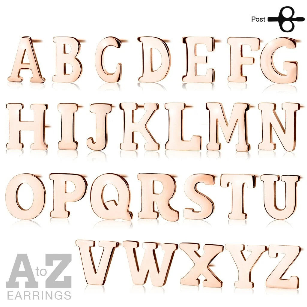 Pair of Rose Gold IP Alphabet Initial 316L Stainless Steel Earrings (26 Alpahabet Pairs X 2)