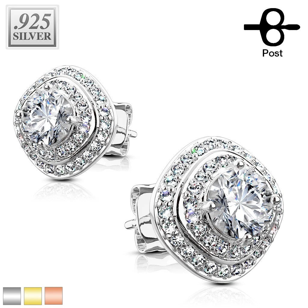 Pair of .925 Sterling Silver CZ Paved Triple Tier Square Stud Earrings
