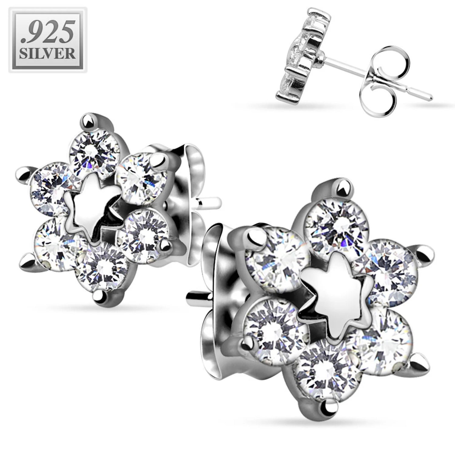 Pair of .925 Sterling Silver Center Star Flower W/ CZ Shard Petals Stud...