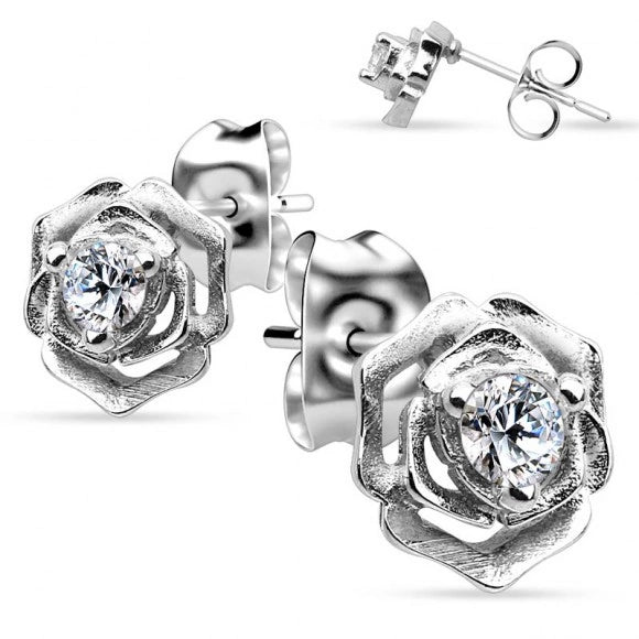 Pair of .925 Sterling Silver Rose With CZ in Middle Stud Earrings