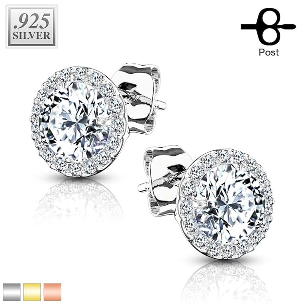Pair of .925 Sterling Silver Stud Earrings/CZ Paved Round With 5mm CZ...