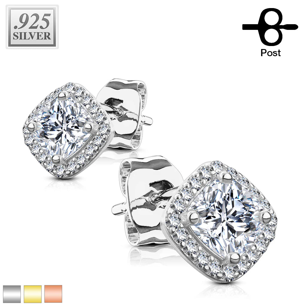 Pair of .925 Sterling Silver Stud Earrings/CZ Paved Square With Cushion...