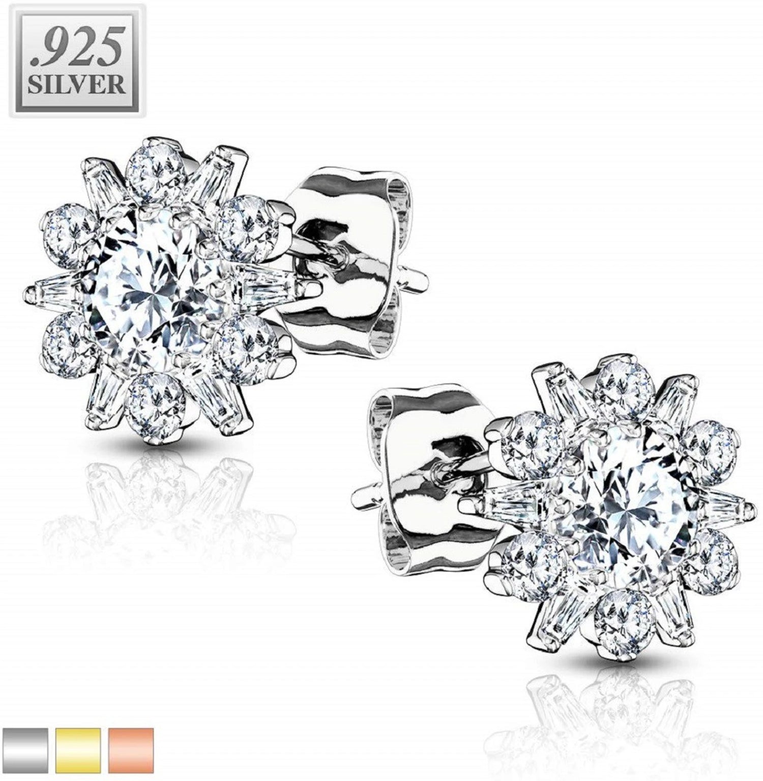 Pair of .925 Sterling Silver Stud Earrings/Double Tiered CZ Set Dahlia...
