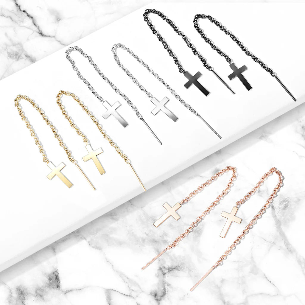 Pair of 316L Stainless Steel Earrings Chain Linked Cross and Post.