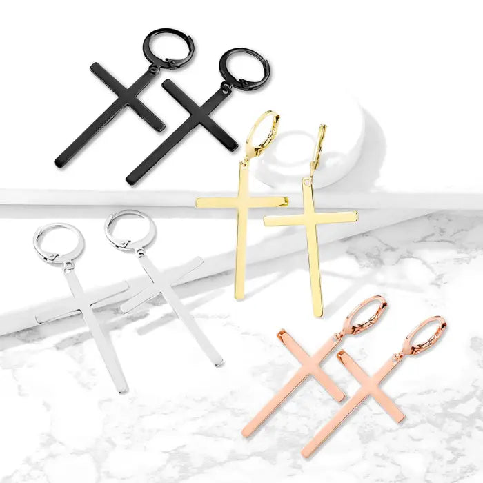 Pair of 316L Stainless Steel Hoop Earrings With Cross Dangle