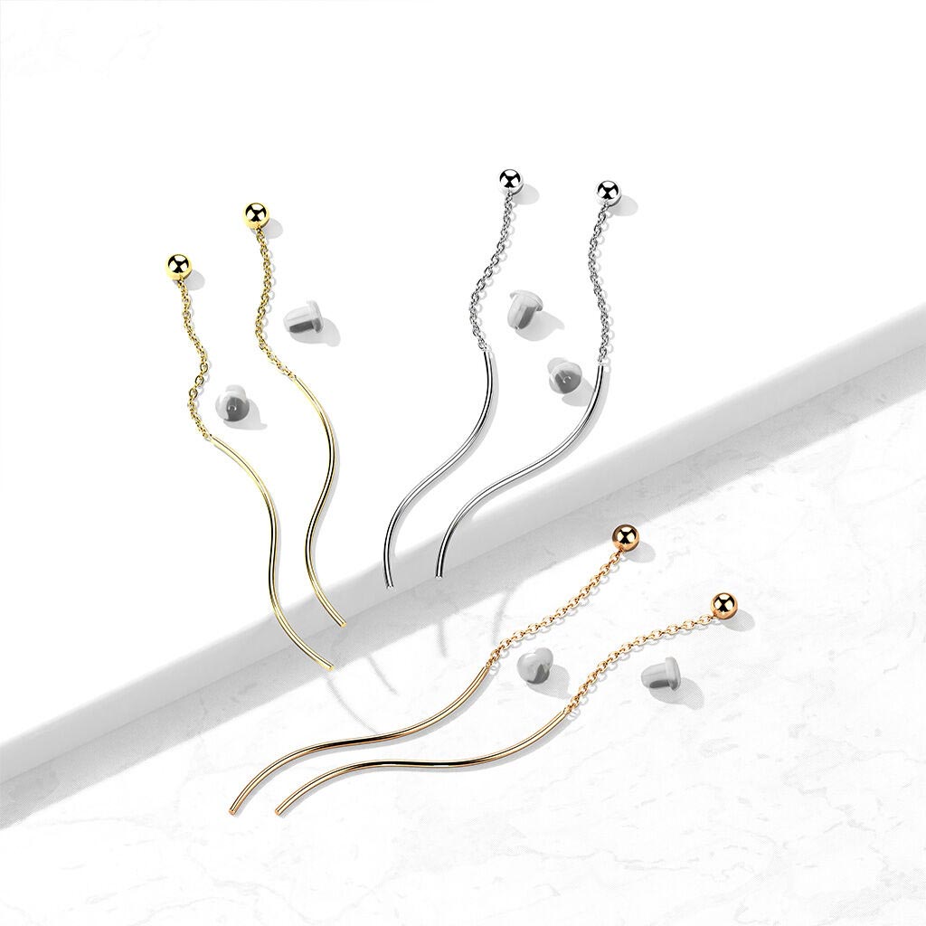 Pair of 316L Surgical Steel Ball Threader Earrings With Wave Dangle