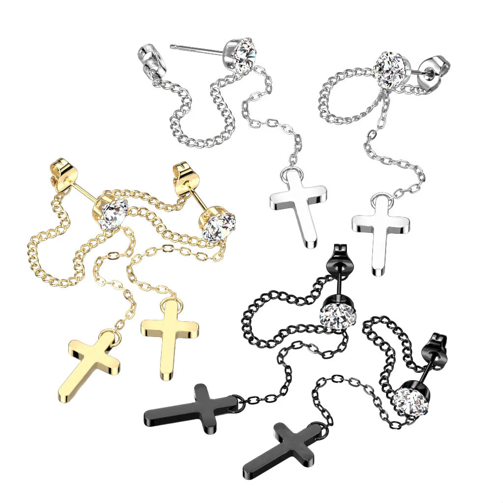 Pair of 316L Surgical Steel CZ Stud Earrings With Chain Link and Cross...