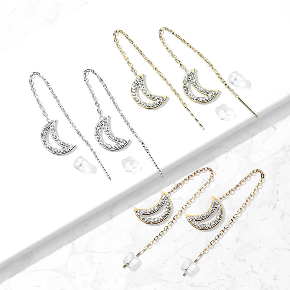 Pair of 316L Surgical Steel Free Falling Threader Earrings With Crystal Paved on a Crescent Moon