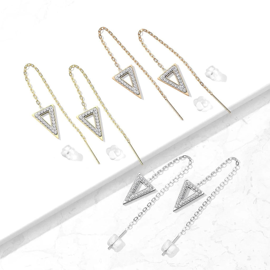 Pair of 316L Surgical Steel Free Falling Threader Earrings With Crystal Paved on a Triangle