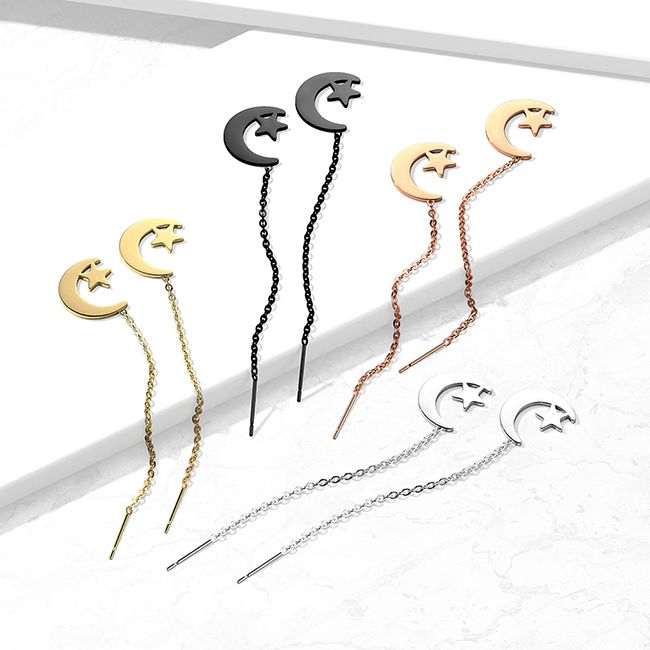 Pair of 316L Surgical Steel Free Falling Threader Earrings With Moon and Star
