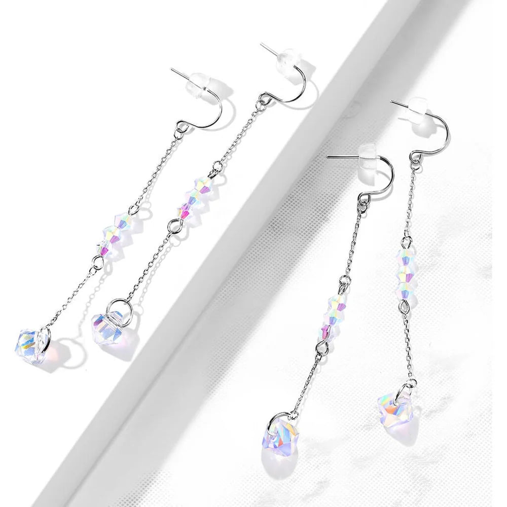 Pair of 316L Surgical Steel Hook Earrings with Chain and Iridescent Beads
