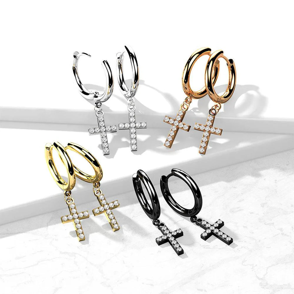 Pair of 316L Surgical Steel Hoop Earrings with CZ Paved Cross Dangle