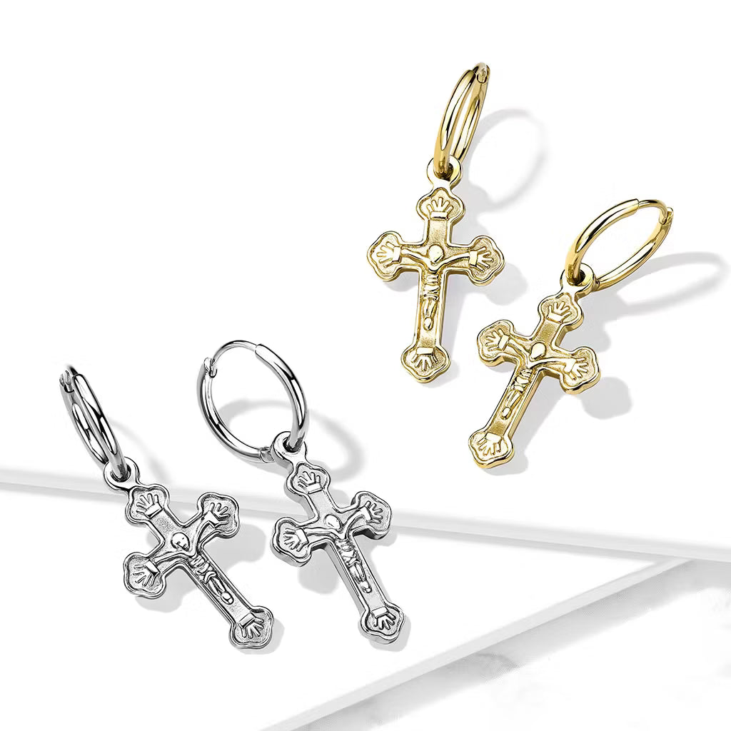 Pair of 316L Surgical Steel Hoop Earrings with Cross Dangle