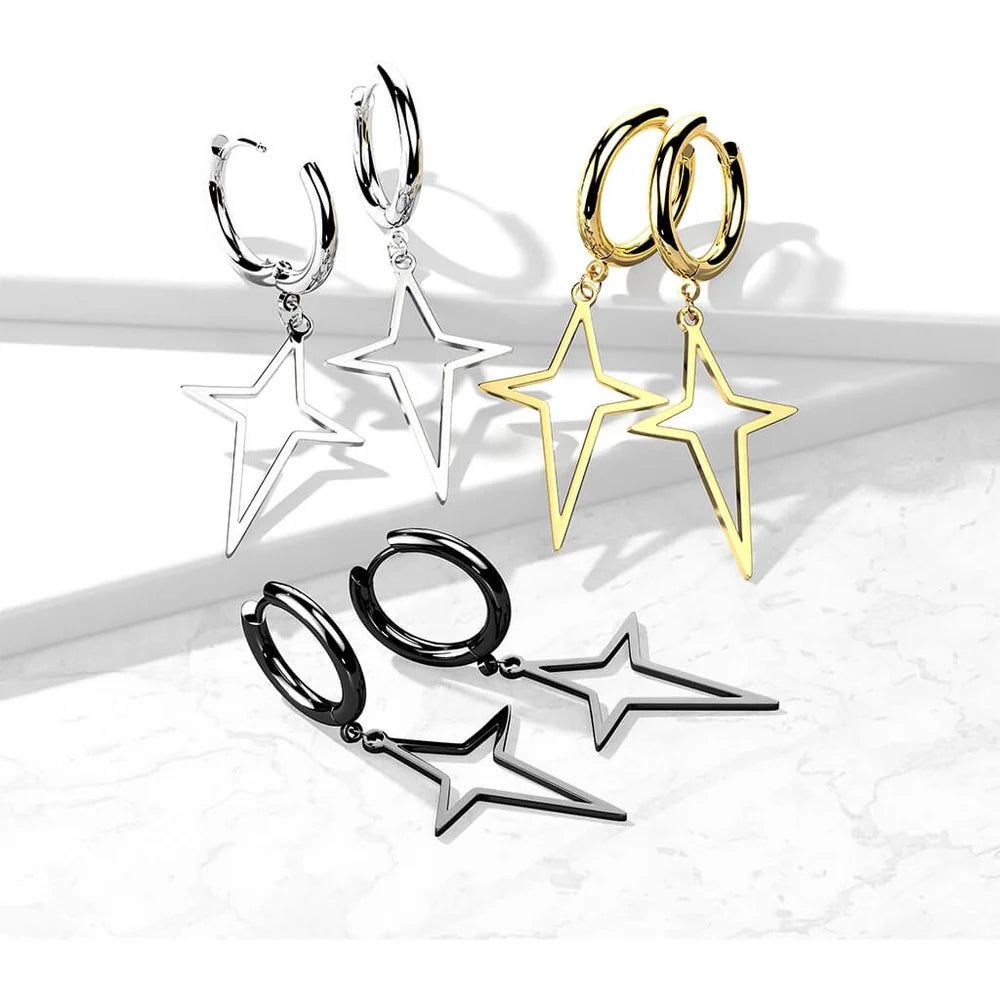 Pair of 316L Surgical Steel Hoop Earrings with Star Cross Dangle