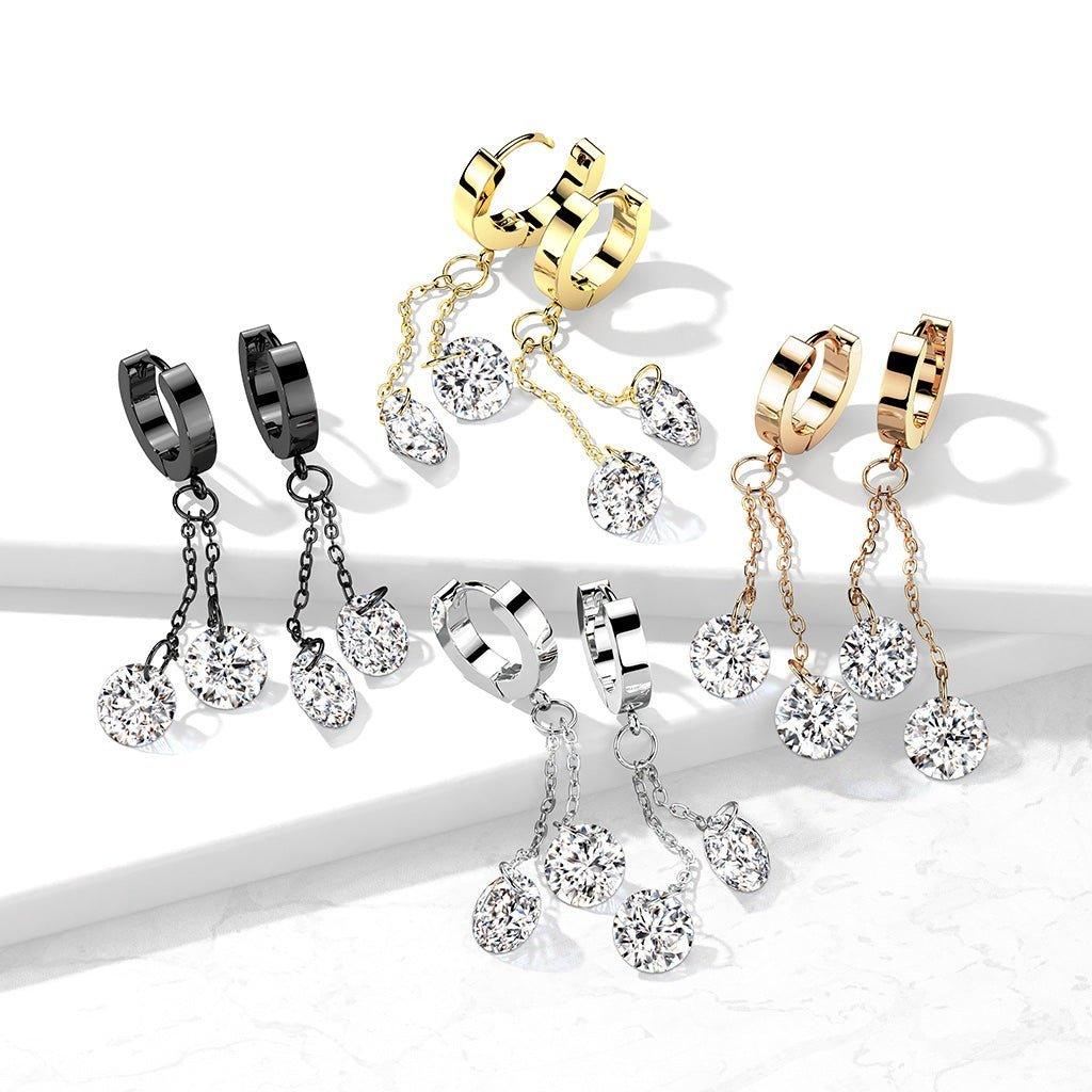 Pair of 316L Surgical Steel Hoops with Double Dangling CZ on Chain