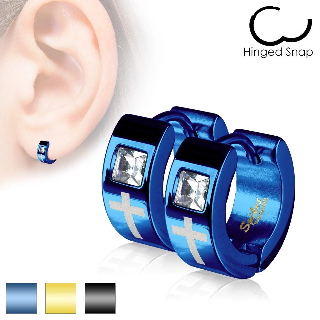 Pair of 316L Surgical Steel IP Earrings With Laser Etched Cross and...