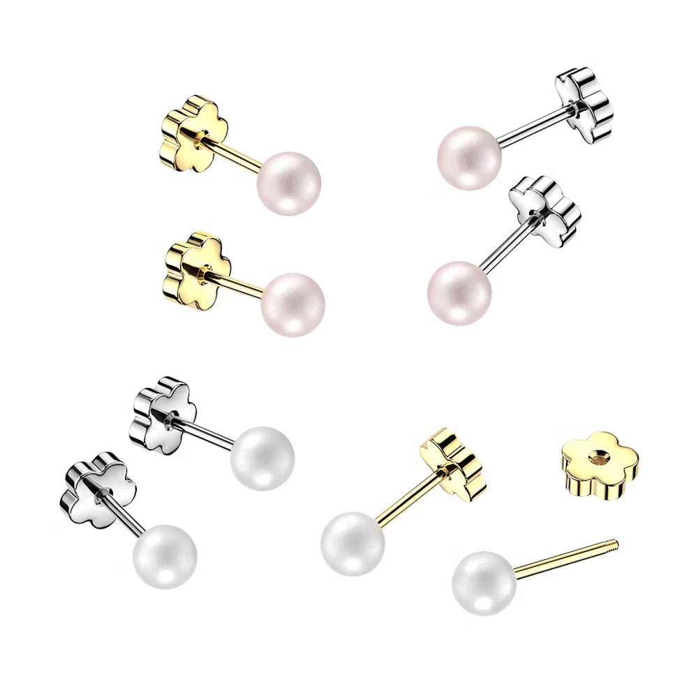Pair of 316L Surgical Steel Pearl Earring Studs With Flower Screw Back