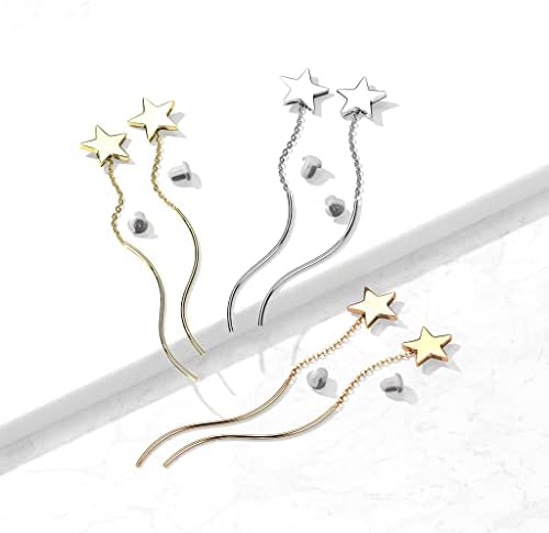 Pair of 316L Surgical Steel Star Threader Earrings With Wave Dangle