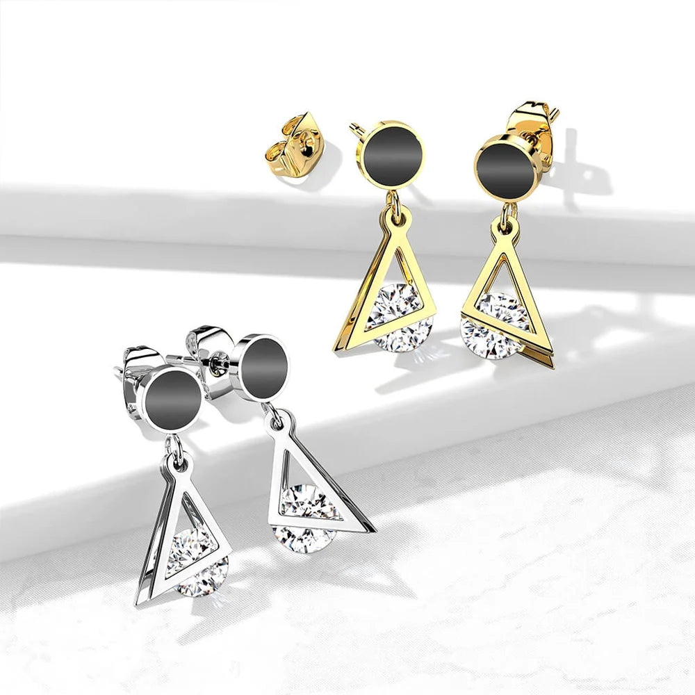 Pair of 316L Surgical Steel Stud Earrings Black Enamel Filled Circle With Dangling Triangle and Enclosed CZ