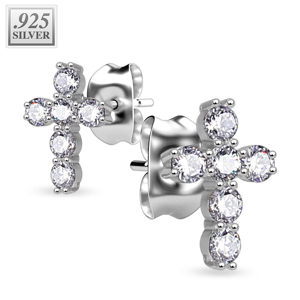 Pair of 925. STERLING SILVER STUD EAR RINGS W/ALL PRONG SET CZ CROSS