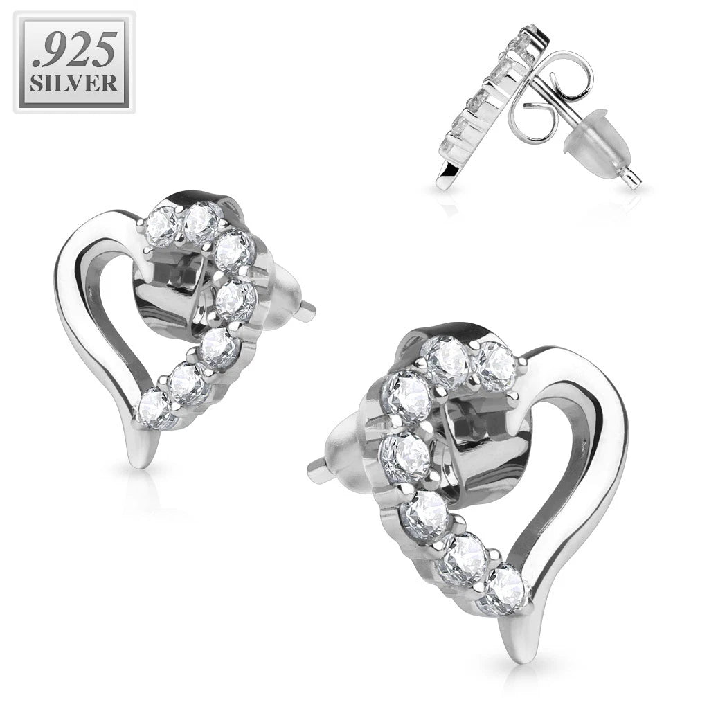 Pair of 925. STERLING SILVER STUD EAR RINGS W/ALL PRONG SET CZ HEART