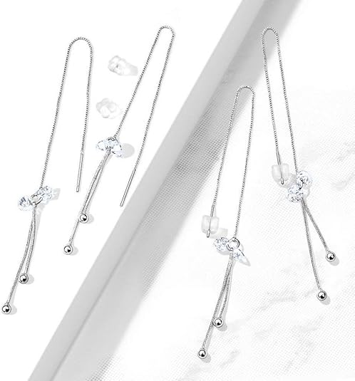 Pair of 925 Sterling Silver Free Falling Threader Earrings With Double...