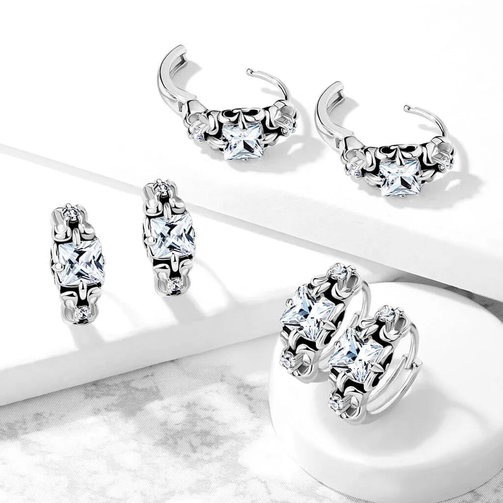 Pair of Antique Silver Plated Prong Set Square CZ 316L Stainless Steel...