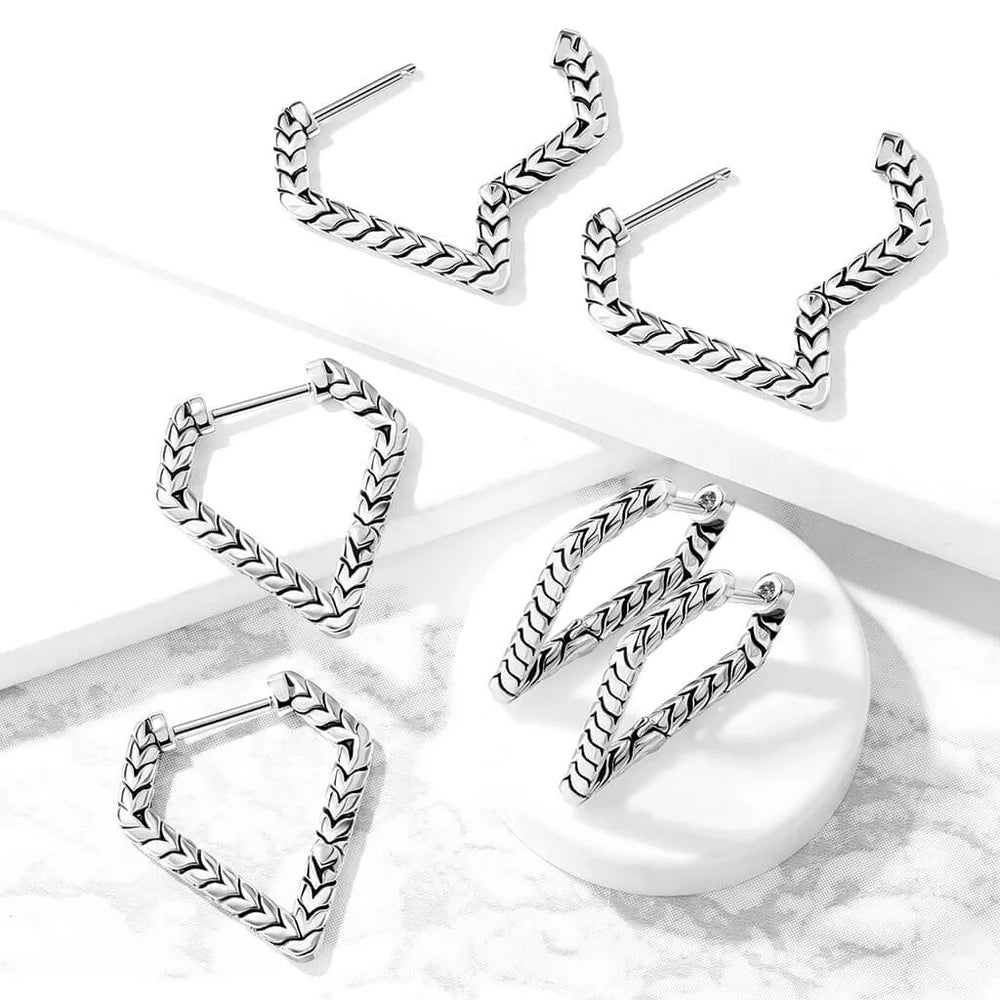 Pair of Antique Silver Plated Triangular Scaled 316L Stainless Steel...