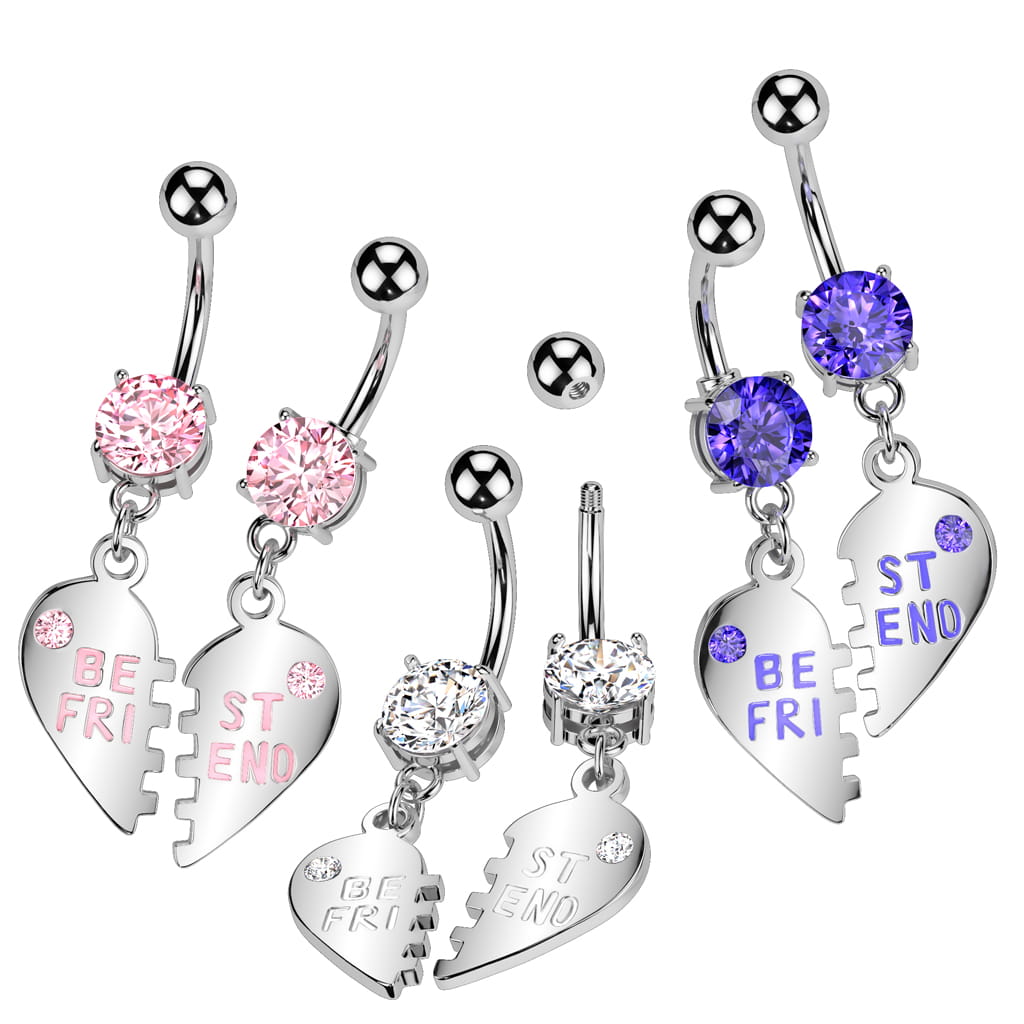 Pair of "Best Friend" Charm Pendent CZ Navel Ring