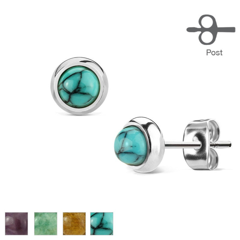 Pair of Bezeled Semi Precious Stone Set 316L Surgical Steel Earrings