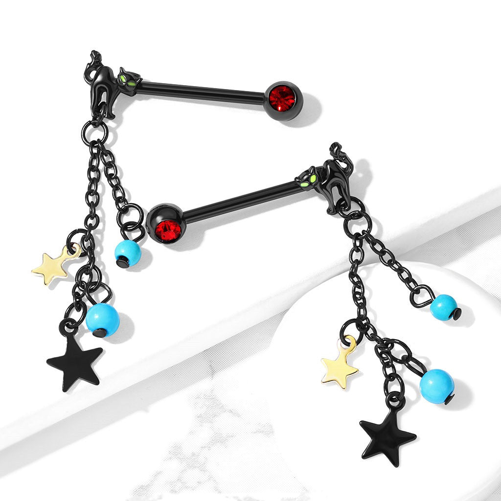 Pair of Cat with Turquoise Beads and Star Dangle with Red Gemmed Set...